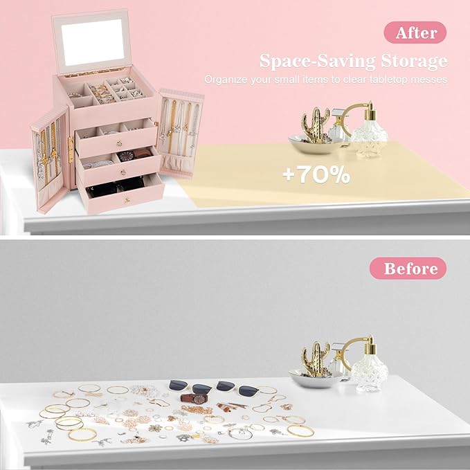 Dajasan Large Jewelry Box Organizer, Jewelry Storage with 3 Drawers, Huge Jewelry Box with Mirror, Gift Idea for Women, Girls