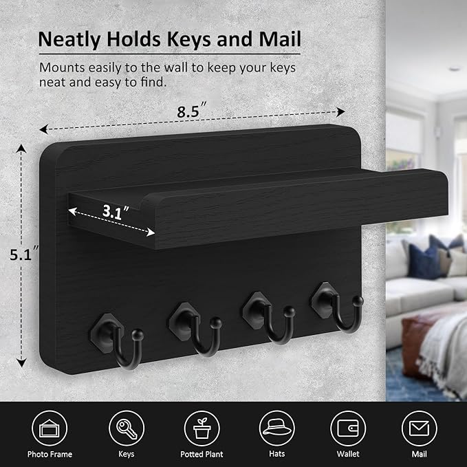 Nekon Key Holder Wall Mount, 8.5 Inch Small Home Decor Wooden Wall Organizer with 4 Hooks and Shelf, Key and Mail Holder for 