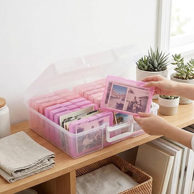 novelinks Transparent 4" x 6" Photo Cases and Clear Craft Keeper with Handle, 16 Inner Photo Organizers & Photo Storage Box, 