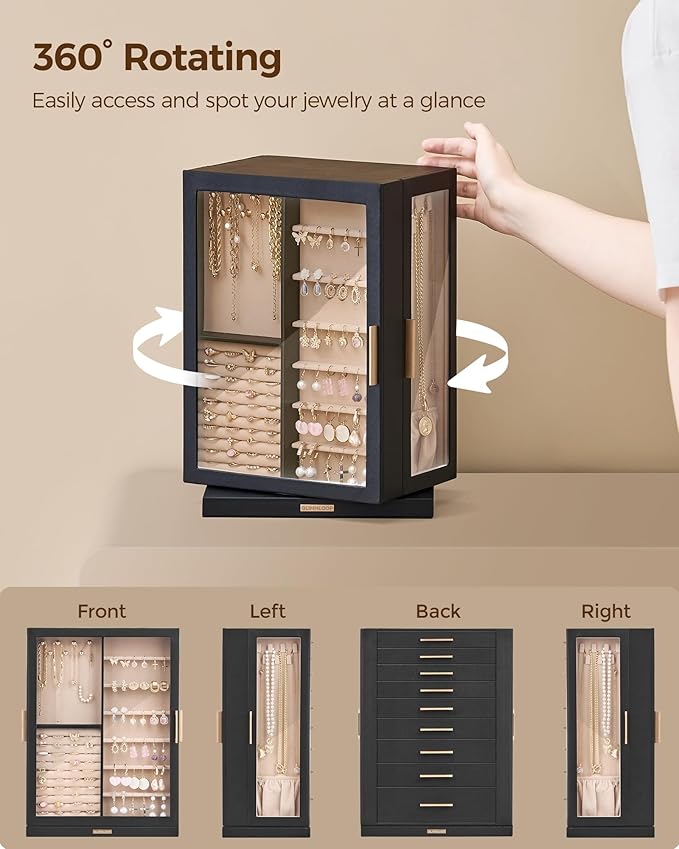Glimmloop 360° Rotating Jewelry Box with 9 Drawers, Spacious Vertical Jewelry Organizer with Glass Window, Jewelry Storage Ca
