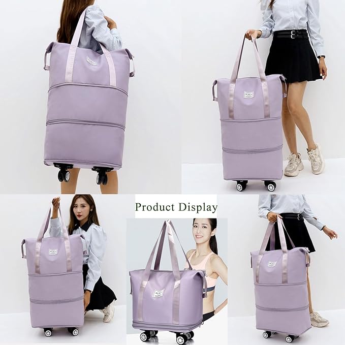 Expandable Foldable Duffel Bag with Detachable Wheels, 64L Large Capacity Rolling Travel Duffle Bag, Lightweight Carry on Luggage with Spinner Wheels, Weekend Gym Tote Bag (Light Purple)