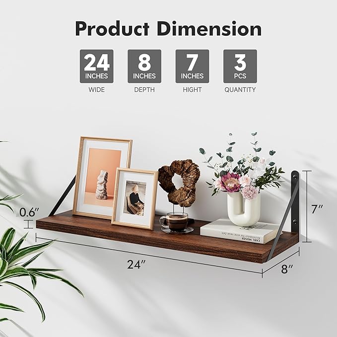 Floating Shelves for Wall, 24W x 8D Wide Bookshelf with Brackets Set of 3, Wood Wall Mounted Shelves for Living Room, Kitchen