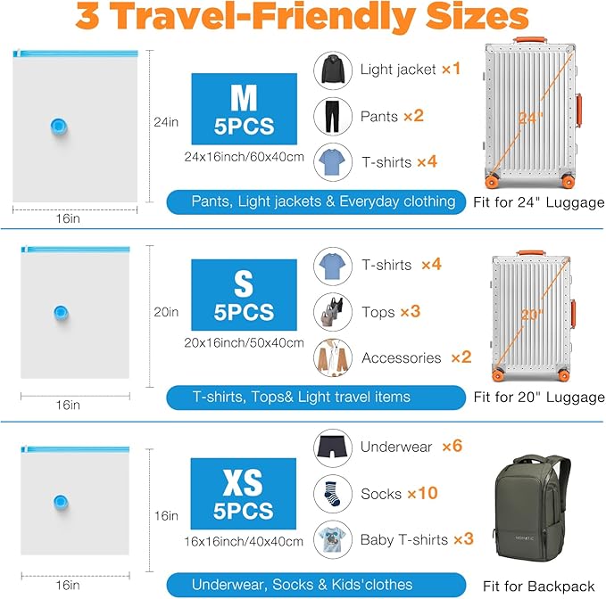 Travel Vacuum Storage Bags with Compact Cordless Pump, 15-Pack Space Saver Vacuum Seal Bags for Clothing & Luggage, Reusable 