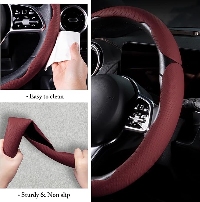 Car Steering Wheel Cover Leather Snap On 3Pcs Set Non-Slip Protector Wrap Steering Wheel Accessories 14.5-15 inch Universal W