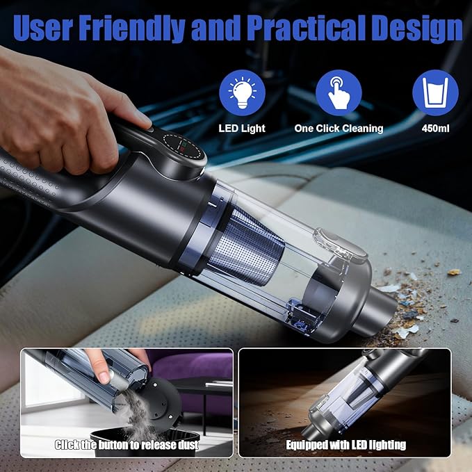 Car Vacuum Portable Cordless-19000 Pa 4 in 1 Handheld Vacuum Cordless Brushless Motor with LED Light and Multi-Nozzles, One-T