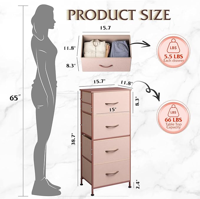 WLIVE 4 Drawers Dresser for Bedroom, Pink Rose Gold Fabric Clothes Storage Organizer Unit, Dresser for Hallway, Entryway, Clo