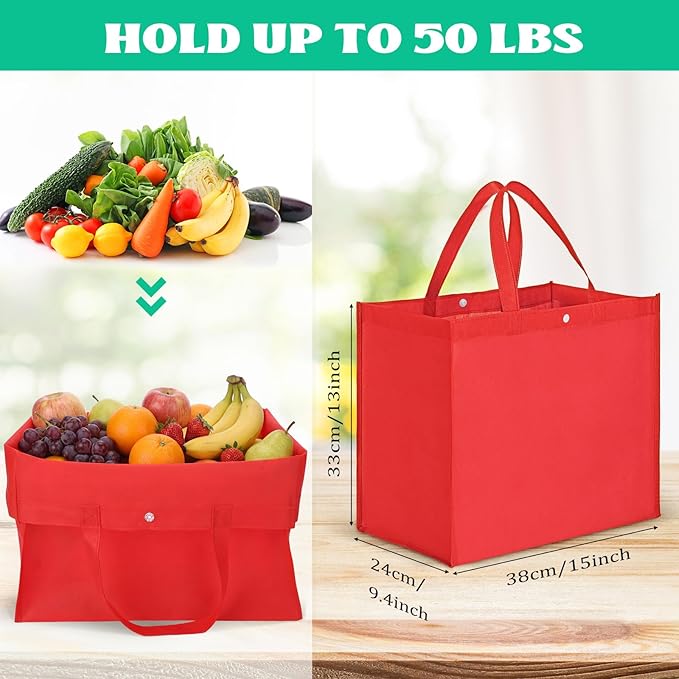Boao 48 Pack Reusable Grocery Bags 13''L x 9.4''W x 15''H Large Foldable Shopping Tote Bag Non Woven with Handle and Button