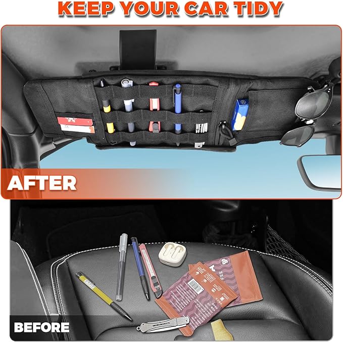 Sun Visor Organizer Compatible with Wrangler JL & JT 2018-2025, Driver's Side Front Tactical Visor Storage Molle Webbing Visor Storage, car Sunglasses Clip, Multi-Pocket