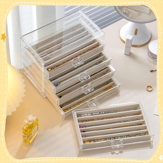 Necklace Organizer Box with 5 Drawers 30 Compartments, Dustproof Velvet Necklace Display Tray, Acrylic Necklaces Display Case