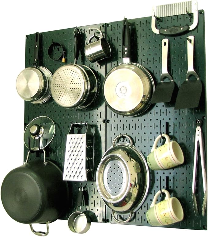 Wall Control Kitchen Pegboard Organizer Pots and Pans Storage Rack Organization Kit with Green Pegboard and Black Accessories