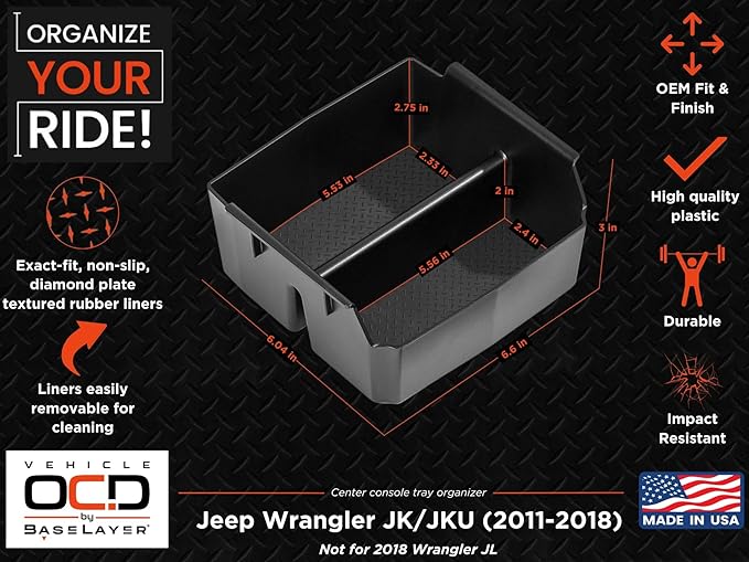 Vehicle OCD - Center Console Organizer Tray for Jeep Wrangler JK and JKU (2011-2018) (NOT for 2018 Wrangler JL) - Made in USA - SLX156