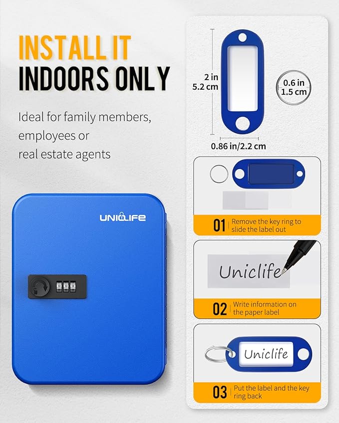 Uniclife 20 Position Key Cabinet with Combination Lock Resettable Blue Digital Security Storage Box Steel Key Organizer with 