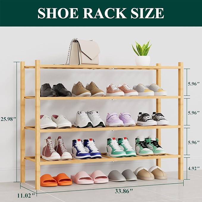Smiry Shoe Rack, 4 Tier Thick Long Bamboo Shoe Organizer, Stackable Free Standing Wooden Shoe Storage Shelf for Closet, Entry