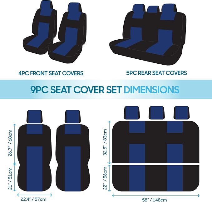 BDK PolyPro Car Seat Covers Full Set in Blue on Black, Front and Rear Split Bench Seat Covers for Cars, Easy to Install Car S