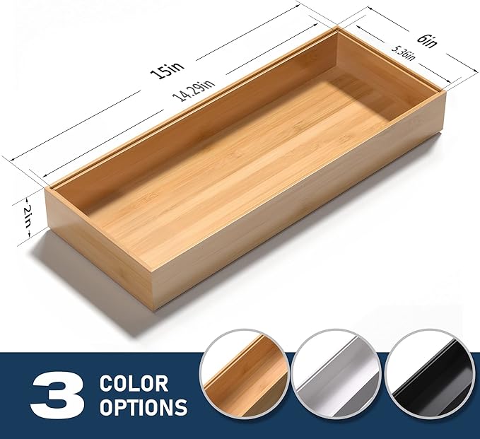 VeyFey Bamboo Drawer Organizer, Stackable Utensil Organizer for Kitchen, Bamboo Storage Box Wood Silverware Tray for Drawer 1