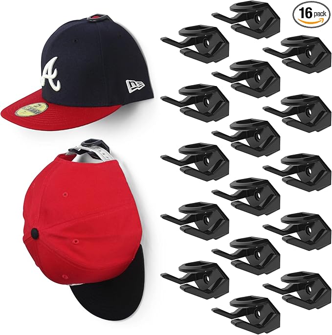 Modern JP Adhesive Hat Hooks for Wall (16-Pack) - Hat Rack for Baseball Caps, Minimalist Hat Display, Strong Hold Hat Hangers