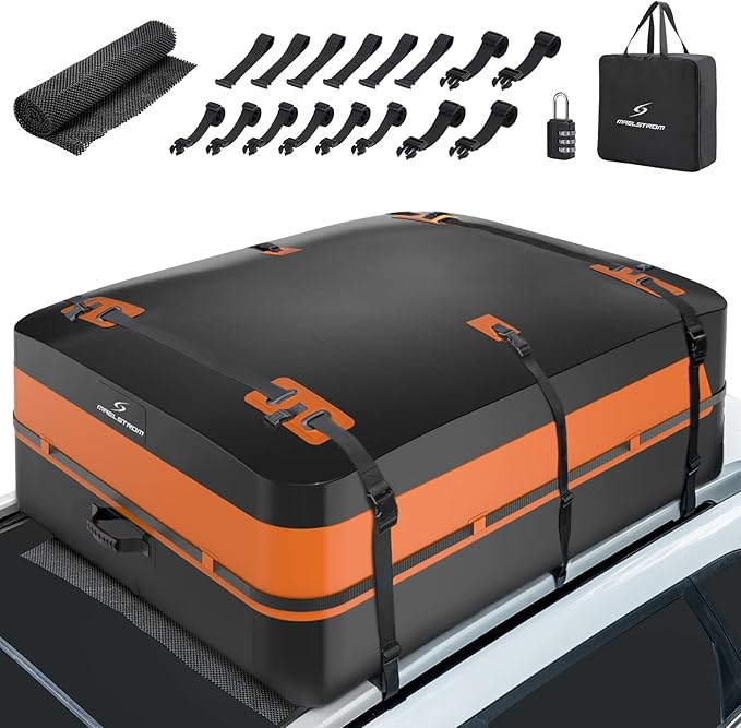 Maelstrom Rooftop Cargo Carrier,Car Roof Bag,21 Cubic Feet Waterproof Roof Rack Cargo Carrier,Tear Resistant Vehicle Cargo Carrier,Black with Orange