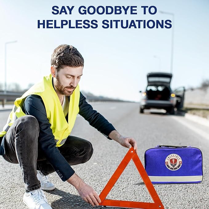 Roadside Car Emergency Kit - First Aid Set, Jumper Cables, Tow Strap, LED Flash Light, Rain Coat, Tire Pressure Gauge, Safety