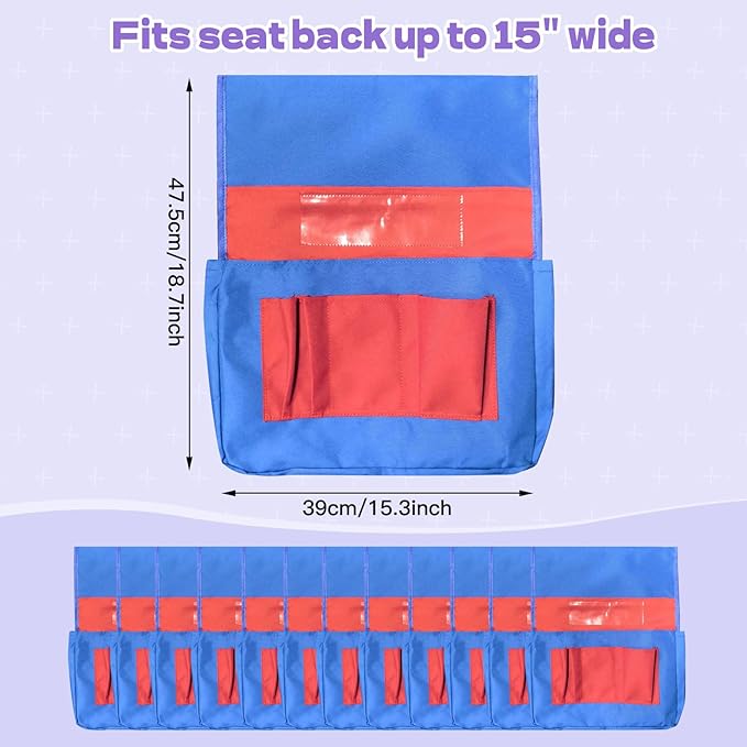 Chair Pockets for Classroom 12 Pack 15 x 19 Inch Chairback Buddy Pocket Chart Seat Back Organizer Student Storage with Lable Slot for Classroom Kindergarten School Home (Blue-Red)