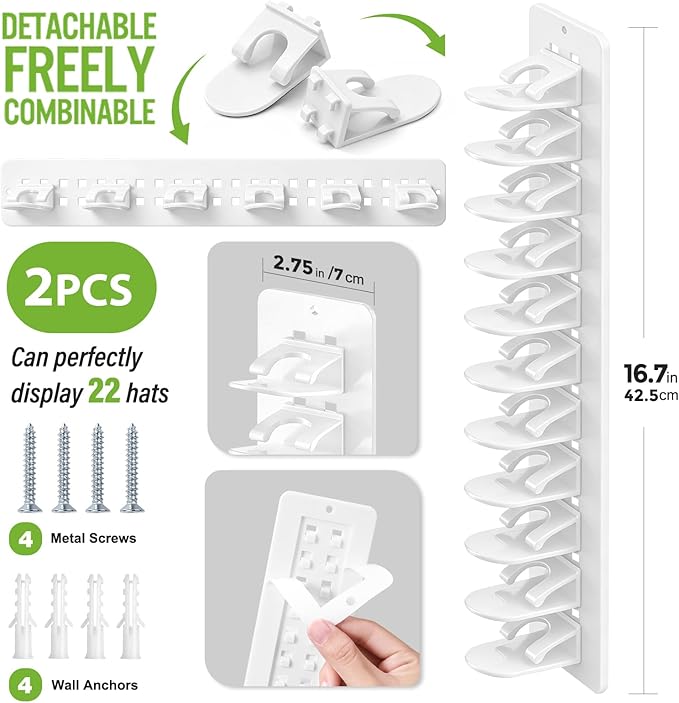 Detachable 2 Pack Hat Hook Organizer for Baseball Caps, Hat Hanger Holder for 20 Caps, Wall Hat Rack with Strong Adhesive, Mu