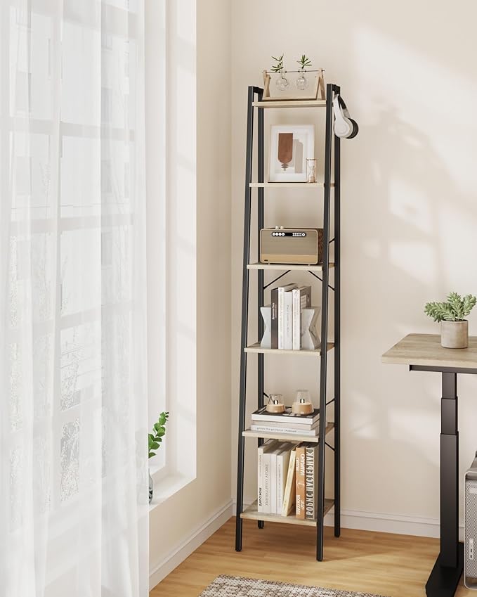 Hzuaneri Ladder Shelf, Bookshelf Bookcase, Freestanding Corner Storage Shelve with 2 Hooks for Home Office, Living Room, Kitc