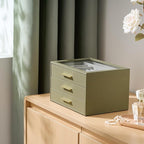 Jewelry Box Organizer Case for Women: 3-Layer Jewelry Storage Case with Glass Window, Olive Green Leather with Cream Velvet, 