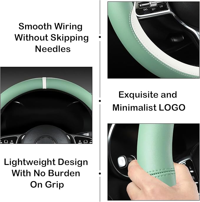 Green & White Nappa Leather Steering Wheel Cover, Cute Car Steering Wheel Cover for Men Women, 14.5-15 Inch Non-Slip Breathab
