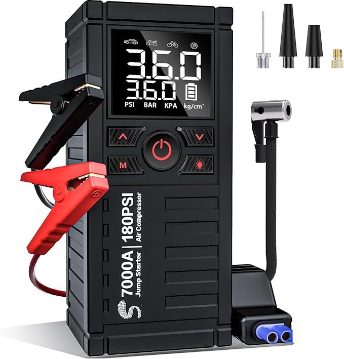 Jump Starter with Air Compressor, 7000A 180PSI Car Battery Jump Starter Jump Box (All Gas/10.0L Diesel), Battery Jumper