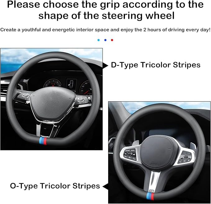 Tricolor Stripes D-Type Steering Wheel Cover, Cute Steering Wheel Cover for Women, 14.5-15 Inch Non-Slip Breathable Microfibe