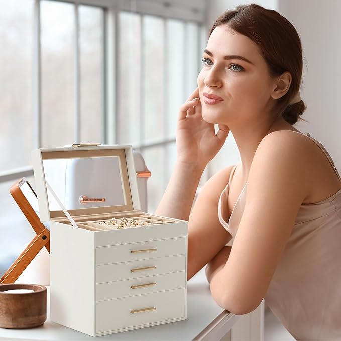 Somduy Jewelry Box, 5 Layers Jewelry Storage Display Box with Glass Lid for Women, 4 Drawers,Large Capacity for Necklace Earr
