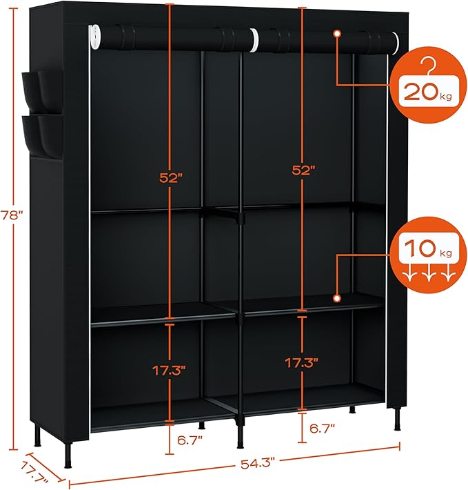 CASAMAYA Portable Closet, 54.3 Inch Large Capacity Wardrobe Closet with Cover, Clothes Storage Organizer with Shelves and 2 H