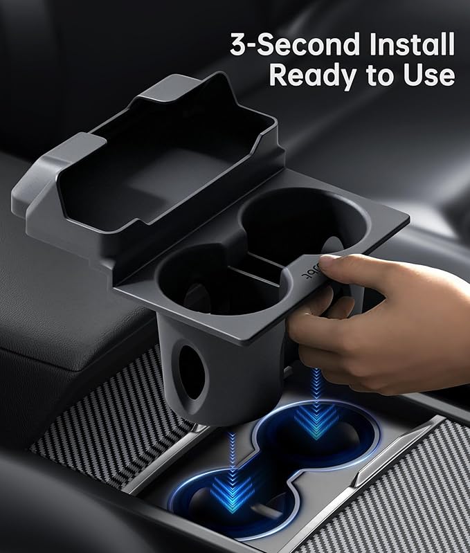 for Tesla Cup Holder Insert, 2-in-1 for Model Y Juniper(2025/2026)& Model 3 Highland(2024/2025) with Storage Compartment - Bl