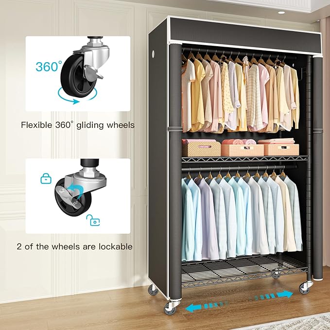 FUTASSI Clothing Rack with Cover, P1C Rolling Closets with Wheels, Metal Garment Rack for Hanging Clothes, Clothing Storage W