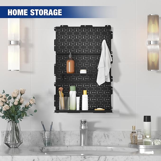 WORKPRO 16”x 16” Metal Peg Board, Foldable Black Pegboard for Wall Organization, Steel Panel with Round Holes & Vertical Slot