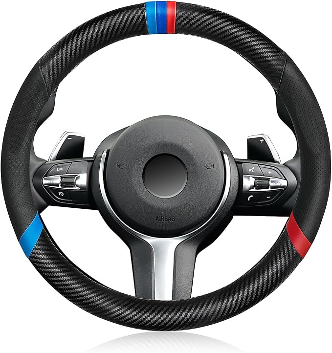 Carbon Fiber Steering Wheel Cover, Non-Slip and Sweat Absorbent, 15" Steering Wheel Covers for X5 X3 Men Women, Black