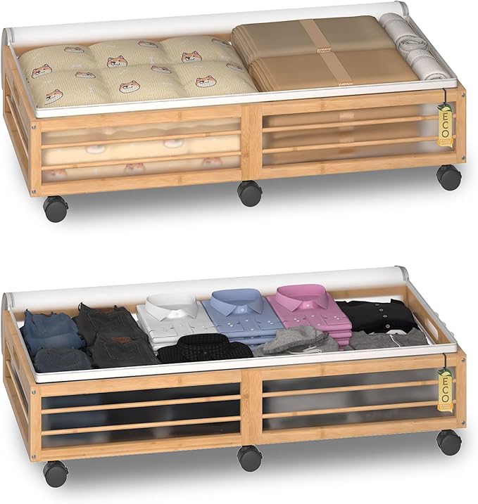 Bamboo Underbed Storage Containers with Wheels & Bag 2 Pack, Large Under Bed Rolling Storage Bins Wood Under Bed Clothes Stor