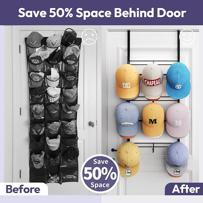 SWTYMIKI Over Door Hat Organizer - 3 Tier Metal Adjustable Wall Mounted Hat Rack with 9 Hooks Design, Hanging Baseball Cap Or