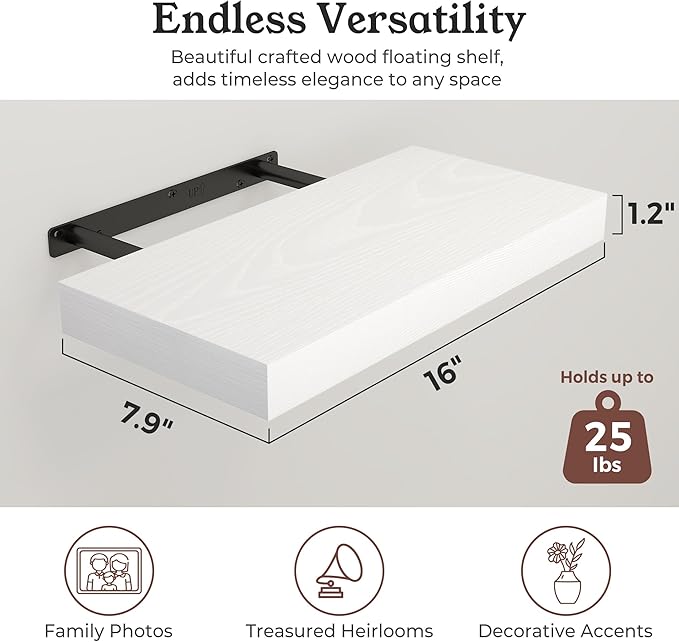 Floating Shelves for Wall, 7.9" Deep Wall Mounted Wood Shelves for Bathroom, Bedroom, Living Room, Kitchen, Hanging Shelf for