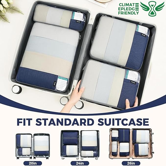 BAGAIL 6 Set Lightweight Compression Packing Cubes with Packing List, Anti-Tearing Expandable Organizer Bags for Travel, Navy