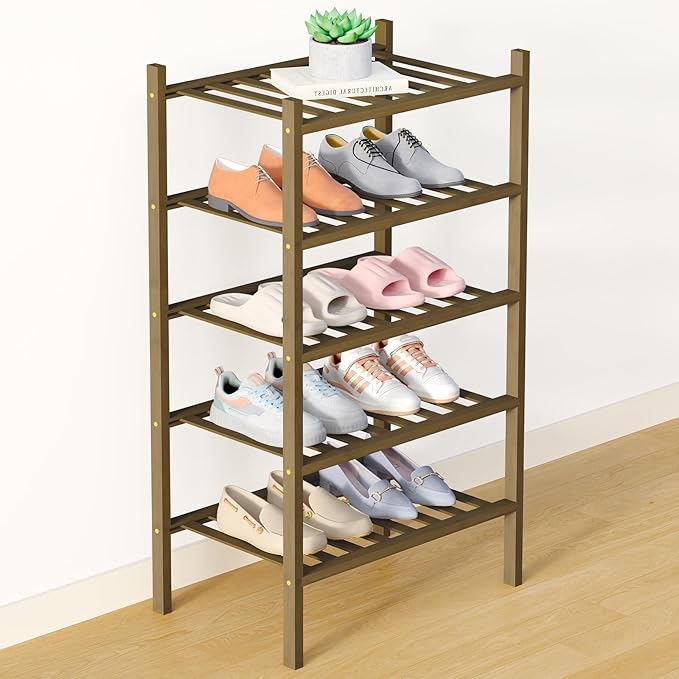 Smiry Bamboo Shoe Rack for Closet, 5 Tier Small Wooden Stackable Shoe Organizer, Free Standing Shoes Storage Shelf for Entryw