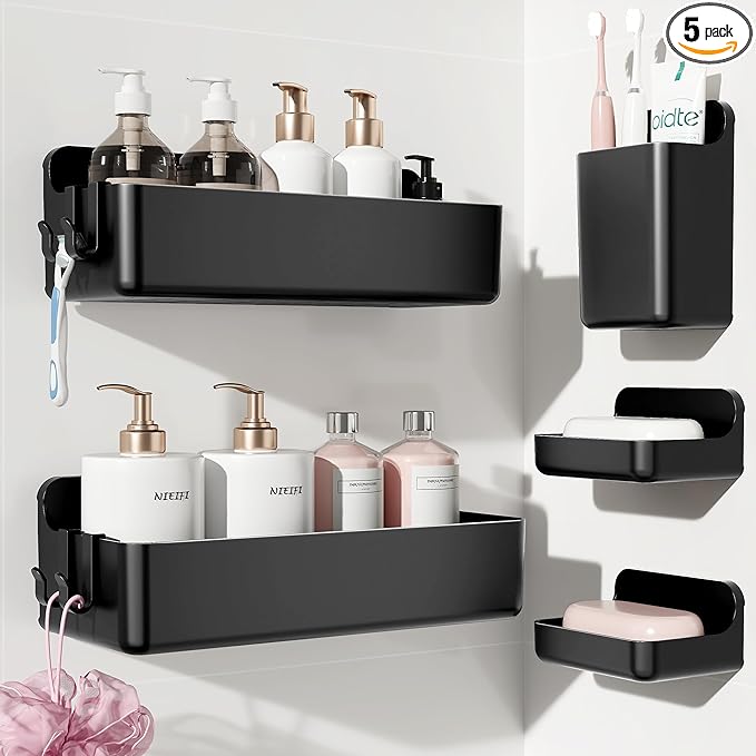 Nieifi Shower Shelves 5 Pack, Adhesive Shower Wall Shelf Organizer for Bathroom Organization, Black