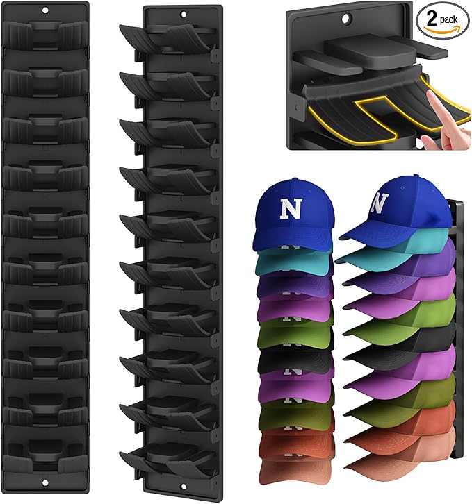 Hat Organizer for Baseball Caps 2 Pack, Wall Mounted Hat Rack Holds Up to 20 Hats, Cap Holder Display for Door & Closet, Hat 