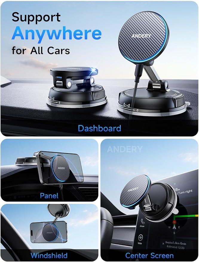 ANDERY Only for iPhone Magsafe Car Mount Charger [15W Wireless Faster Charging, 78+LBS Strongest Suction, 2400gf Strongest Magnetic] 360° Adjustable Car Phone Holder, Phone Holders for Your Car, Black