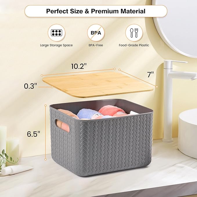 Ohmlove 4 Packs Storage Bins with Bamboo Lids - Plastic Storage Containers with Lids Stackable Storage Box：Storage Baskets fo