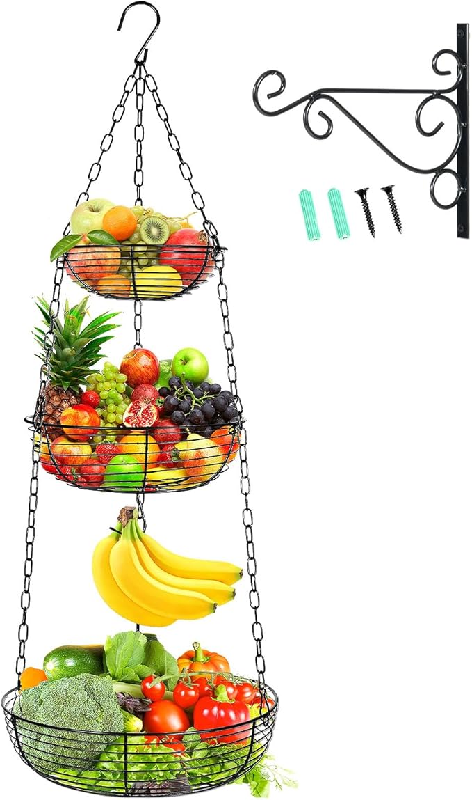 HULISEN 3 Tier Hanging Fruit Basket with Banana Hook, 36-Inch Heavy-Duty Wire Hanging Baskets for Kitchen Storage, Vegetable 