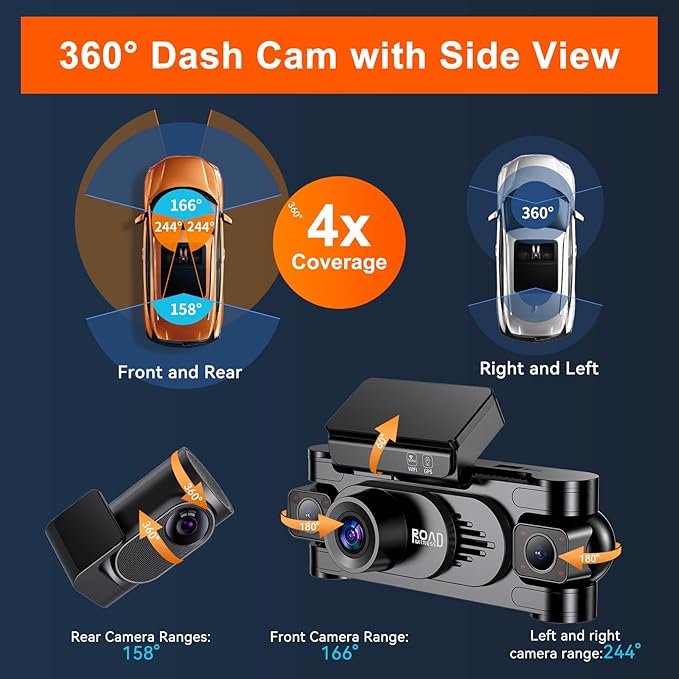 4K 360° Dash Cam for Cars, 4 Channel Front Rear Inside with 128GB Card, Super Night Vision, Fastest 5.8GHz WiFi GPS, Voice Co