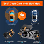 4K 360° Dash Cam for Cars, 4 Channel Front Rear Inside with 128GB Card, Super Night Vision, Fastest 5.8GHz WiFi GPS, Voice Co