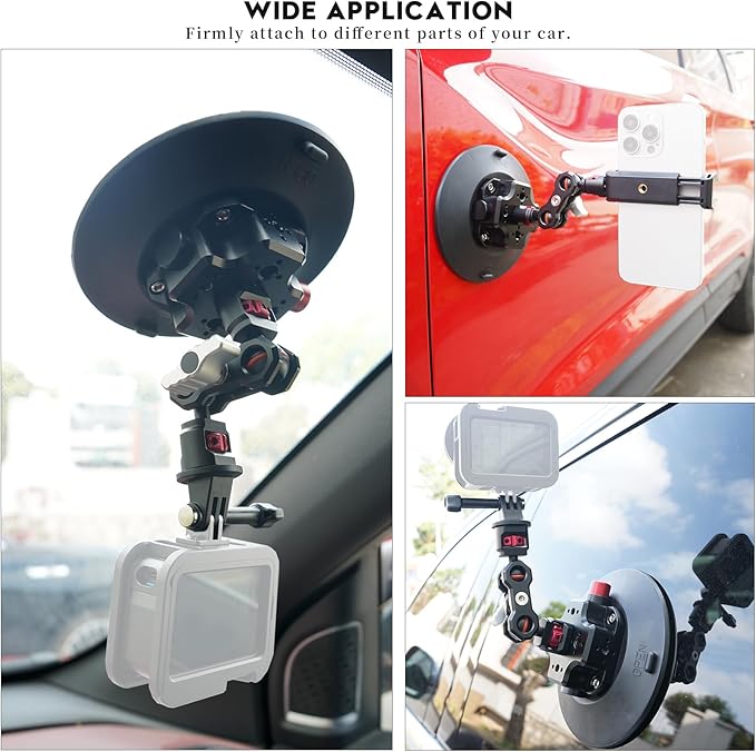 CNC Machined 6in Suction Cup Camera Mount with Ball Head Magic Arm, 1/4" ARRI Holes, Quick Release Car Mount with Phone Holder & Action Camera Adapter Compatible with DJI OSMO Pocket 3 Insta360 iPhon
