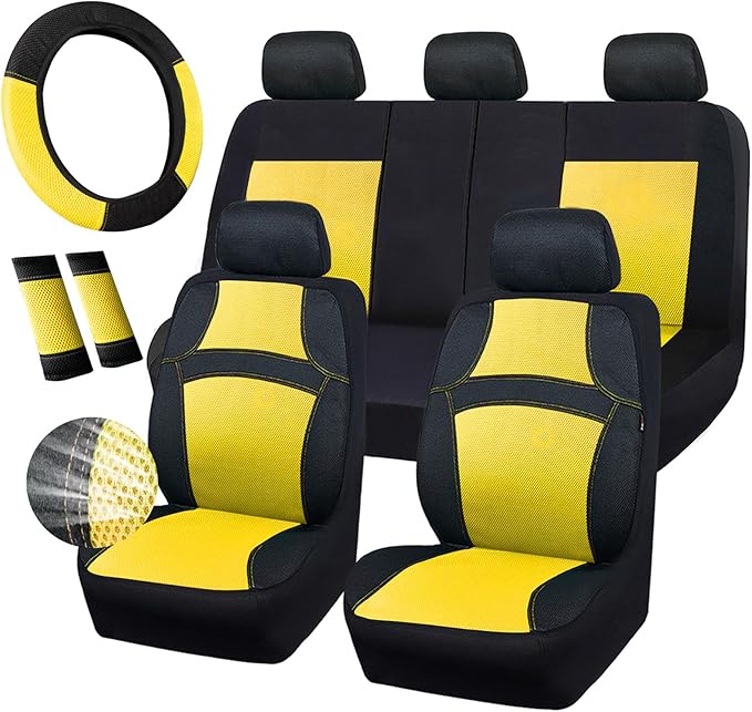CAR PASS Universal 13PCS 3D Air Mesh-100% Breathable Seat Covers Full Sets Steering Wheel&Belt Cover Airbag and Rear Split Bench Compatible for 90% Automotive SUV Truck Cute Women Black Yellow