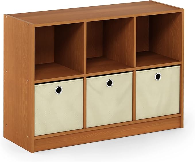 Furinno Basic 3x2 Bookcase Storage w/Bins, Light Cherry/Ivory